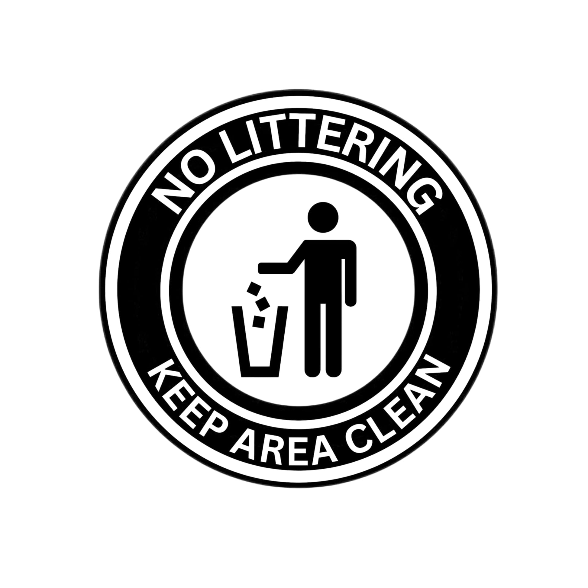 Vinyl decal with "No Littering | Keep Area Clean" message from Nostalgi Factory, featuring bold black text on clear background.