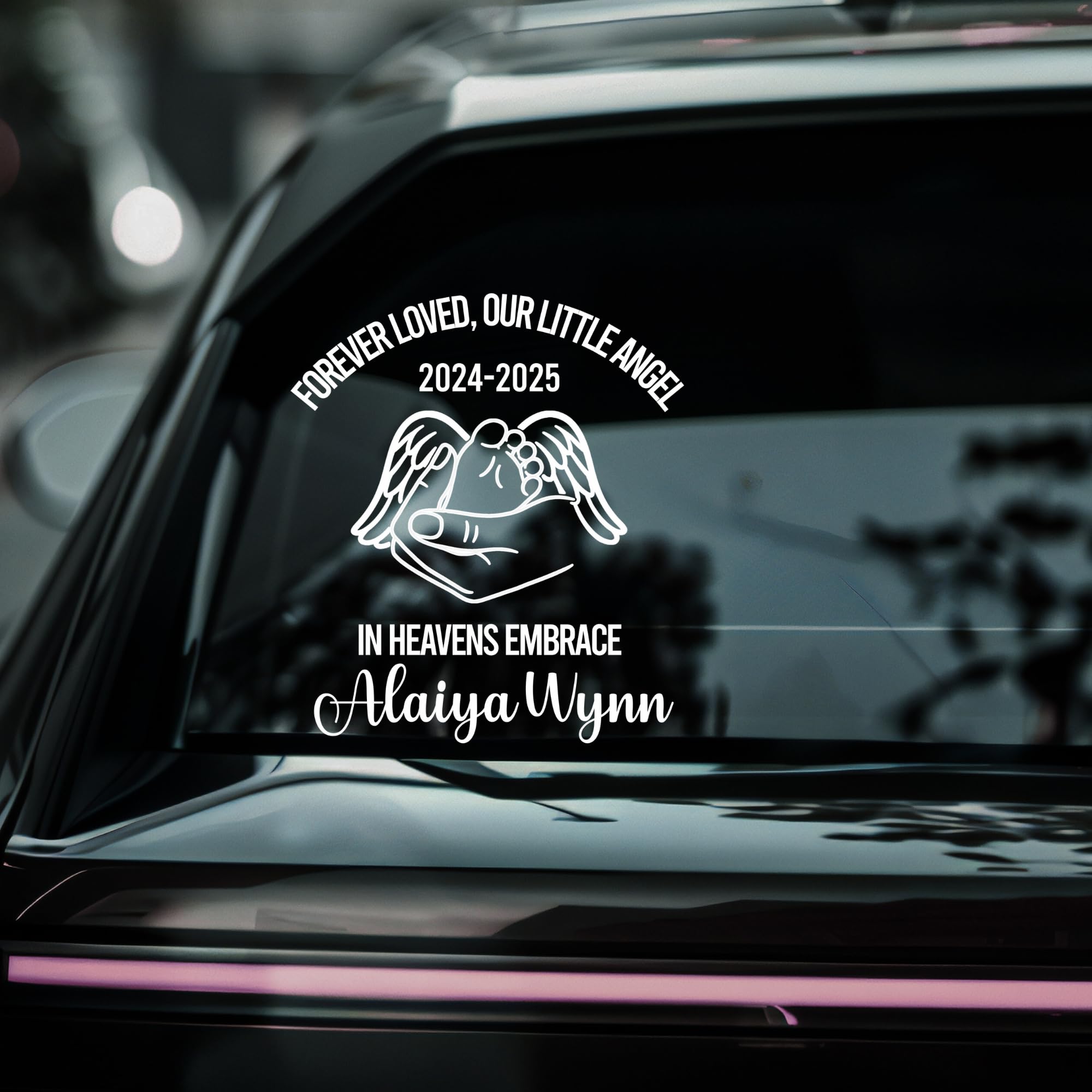 Personalized Baby Memorial Car Decal | In Heaven's Embrace | Newborn | Customizable Angel Design - Nostalgi Factory