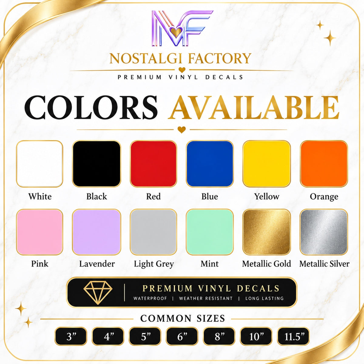 Nostalgi Factory vinyl decal colors available chart