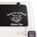 Memorial decal with 'Forever in our Hearts' text on a car window.