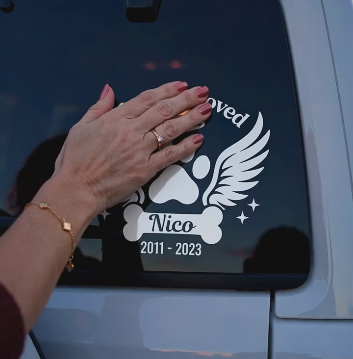 Illustrative video of the Forever Loved dog memorial decal with sample name Nico and memorial years