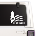 Car window with a decal of a flag design and 'Mi Orgullo' text on a white vehicle.