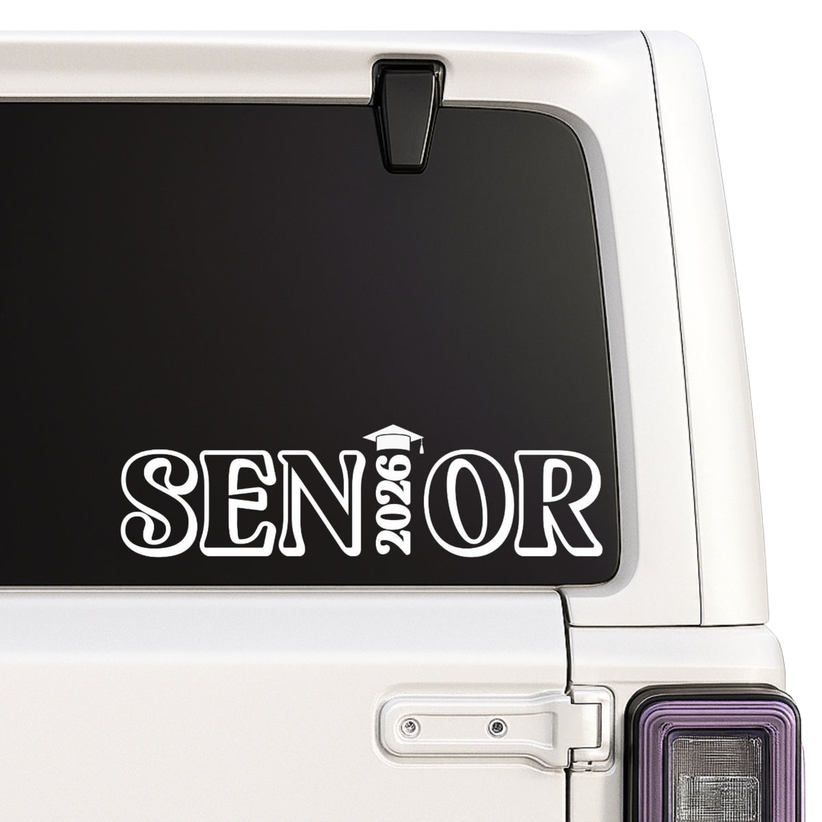 Senior 2026 — graduation lettering design shown on a white Jeep window