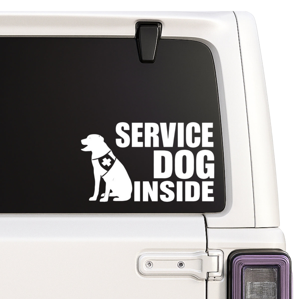 Service Dog Inside — dog silhouette design shown on a white Jeep window