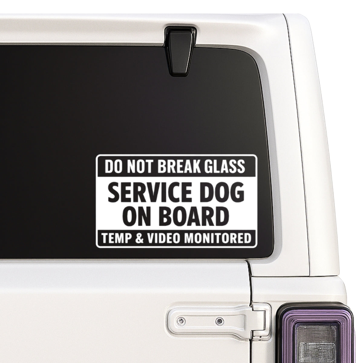 Service Dog on Board — Do Not Break Glass, Temp & Video Monitored design shown on a white Jeep window