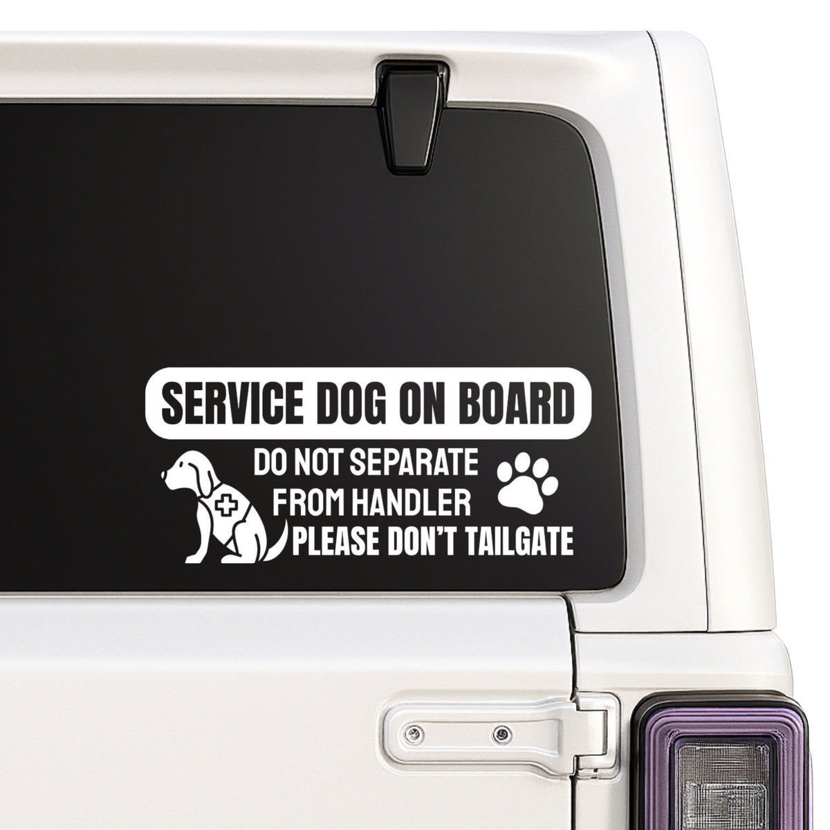 Service Dog on Board decal with Do Not Separate from Handler and Please Don't Tailgate wording
