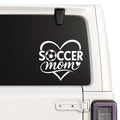 Soccer Mom — heart and soccer ball decal shown on a white Jeep window