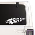 Sport — racing flags and speed stripes design shown on a white Jeep window