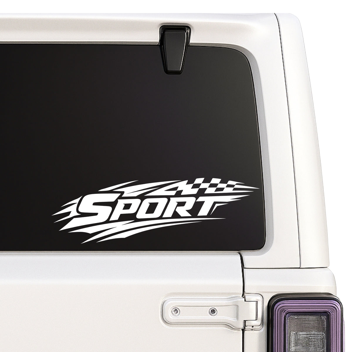 Sport — racing flags and speed stripes design shown on a white Jeep window
