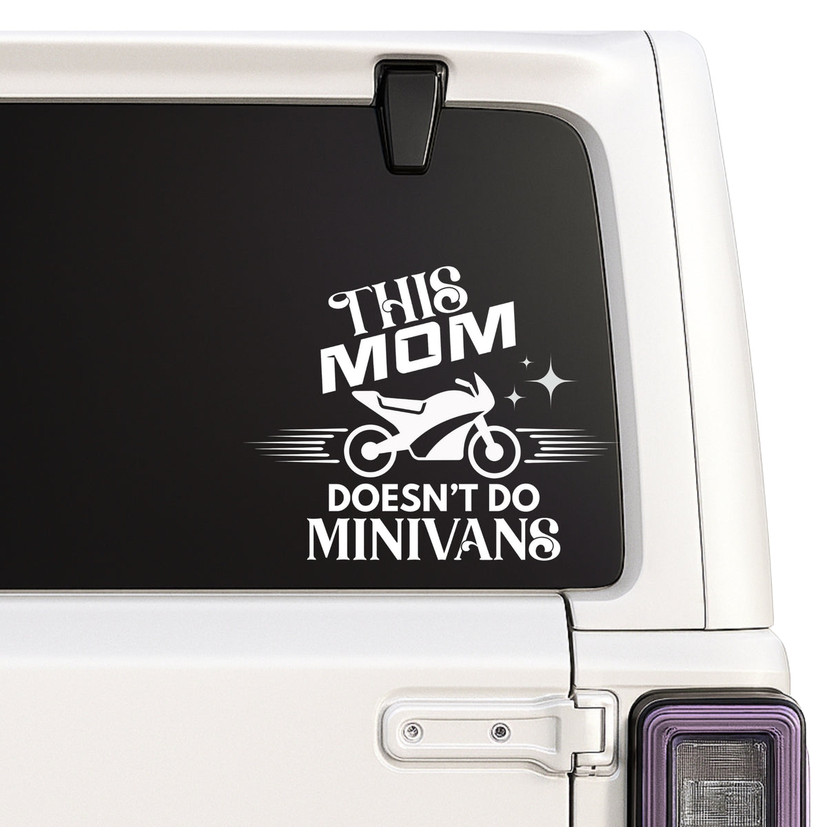 This Mom Doesn't Do Minivans — motorcycle design shown on a white Jeep window