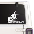 Trucker Life — semi-truck silhouette decal shown on a white Jeep window