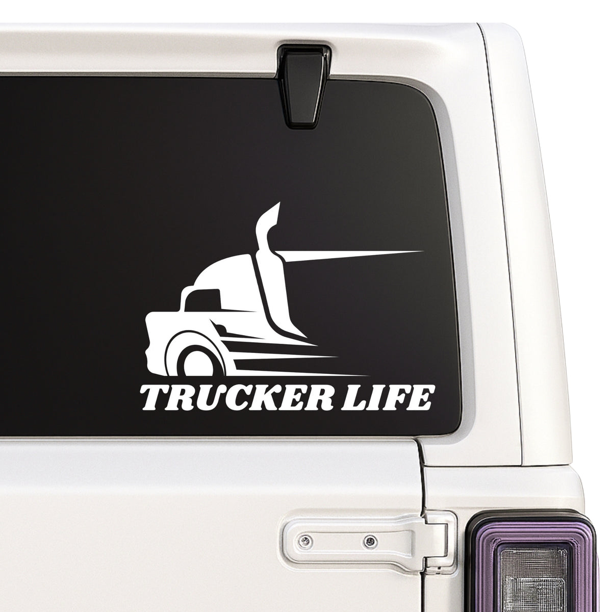 Trucker Life — semi-truck silhouette decal shown on a white Jeep window