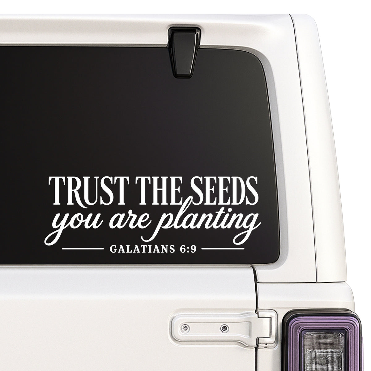 Trust the Seeds You Are Planting — Galatians 6:9 decal shown on a white Jeep window